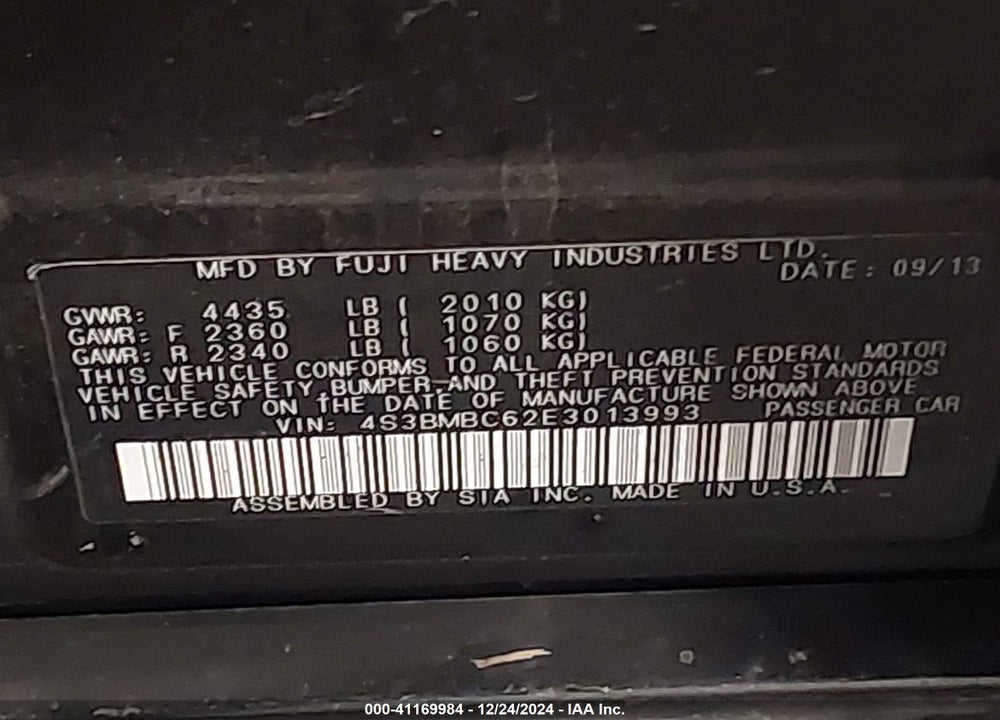 2014 SUBARU LEGACY VIN: 4S3BMBC62E3013993