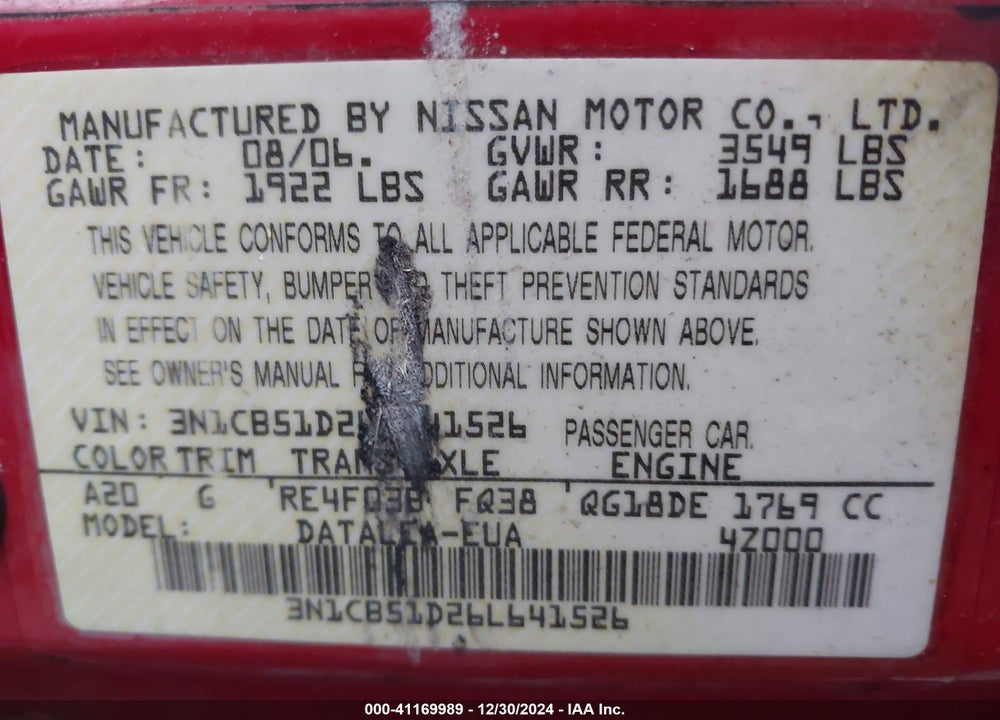 2006 NISSAN SENTRA VIN: 3N1CB51D26L641526