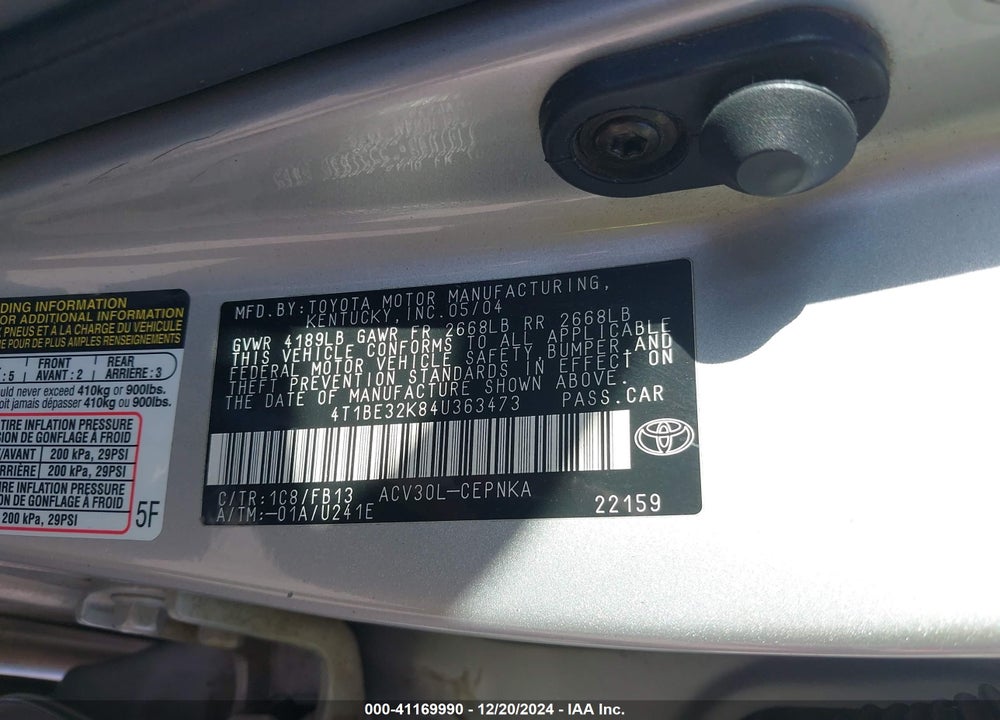 2004 TOYOTA CAMRY LE VIN: 4T1BE32K84U363473