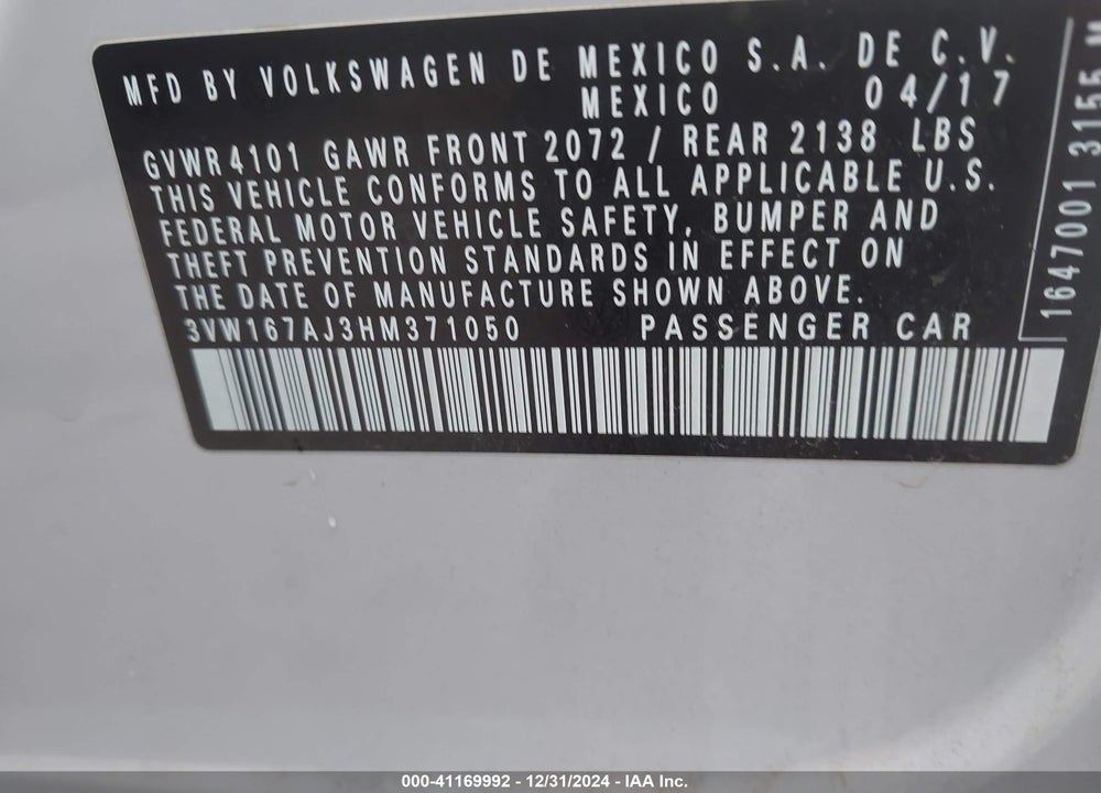 2017 VOLKSWAGEN JETTA VIN: 3VW167AJ3HM371050