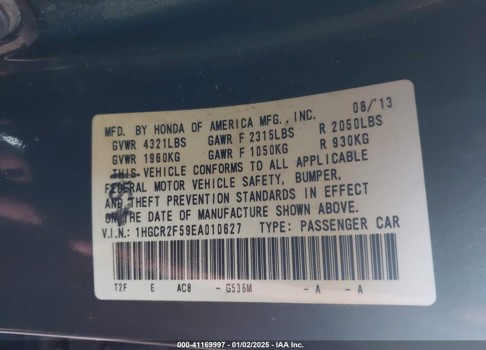 2014 HONDA ACCORD SPORT VIN: 1HGCR2F59EA010627