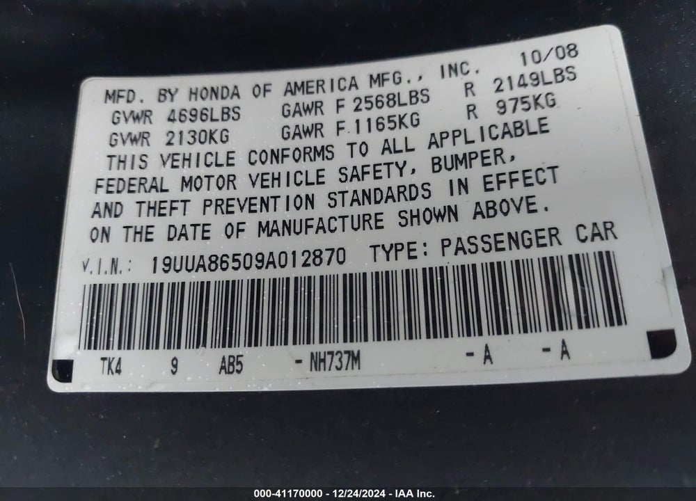 2009 ACURA TL VIN: 19UUA86509A012870