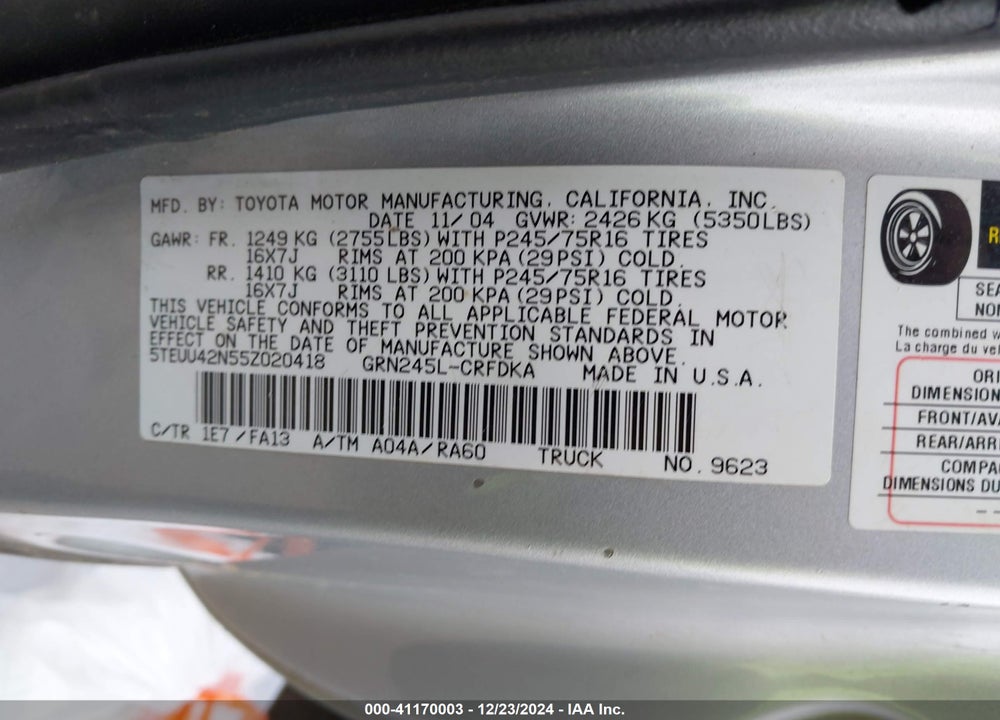 2005 TOYOTA TACOMA BASE V6 VIN: 5TEUU42N55Z020418