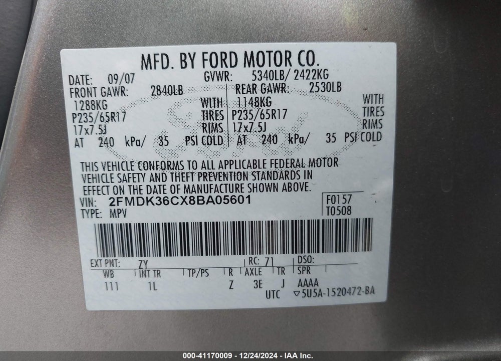 2008 FORD EDGE SE VIN: 2FMDK36CX8BA05601