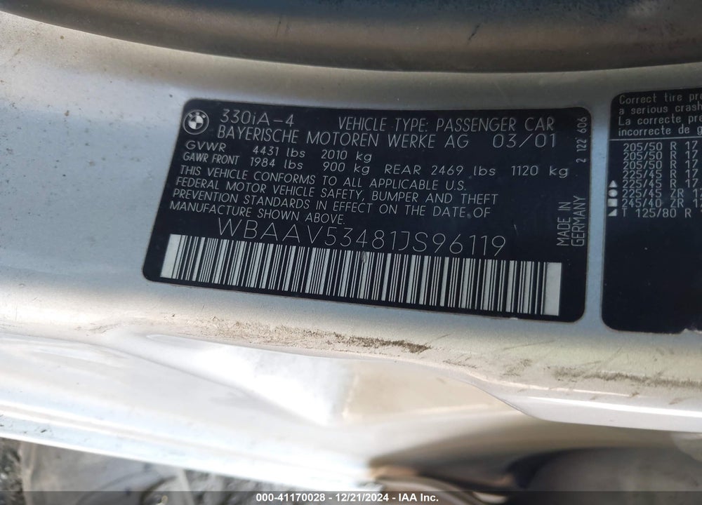 2001 BMW 330I VIN: WBAAV53481JS96119