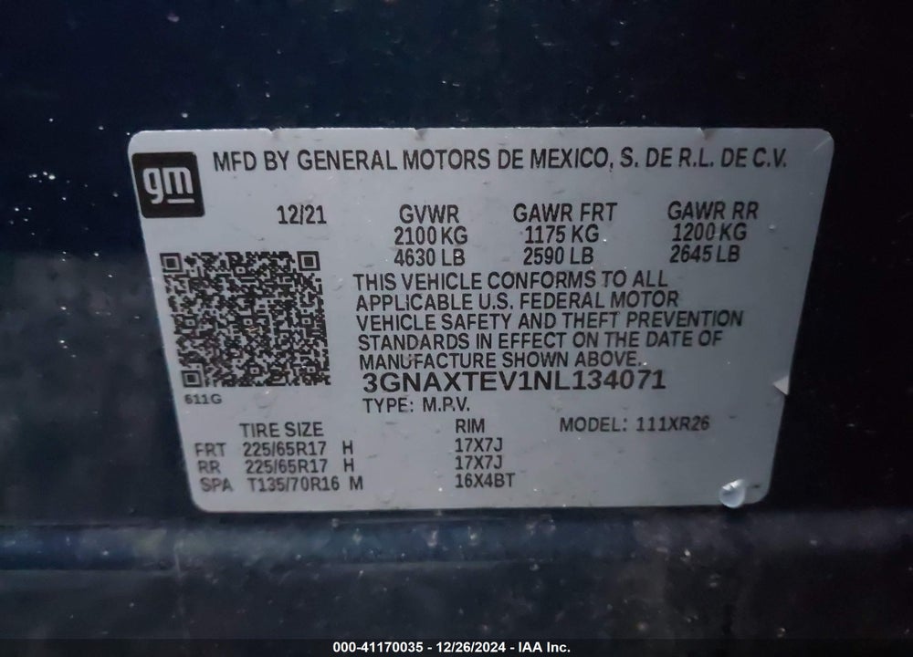 2022 CHEVROLET EQUINOX AWD 2FL VIN: 3GNAXTEV1NL134071