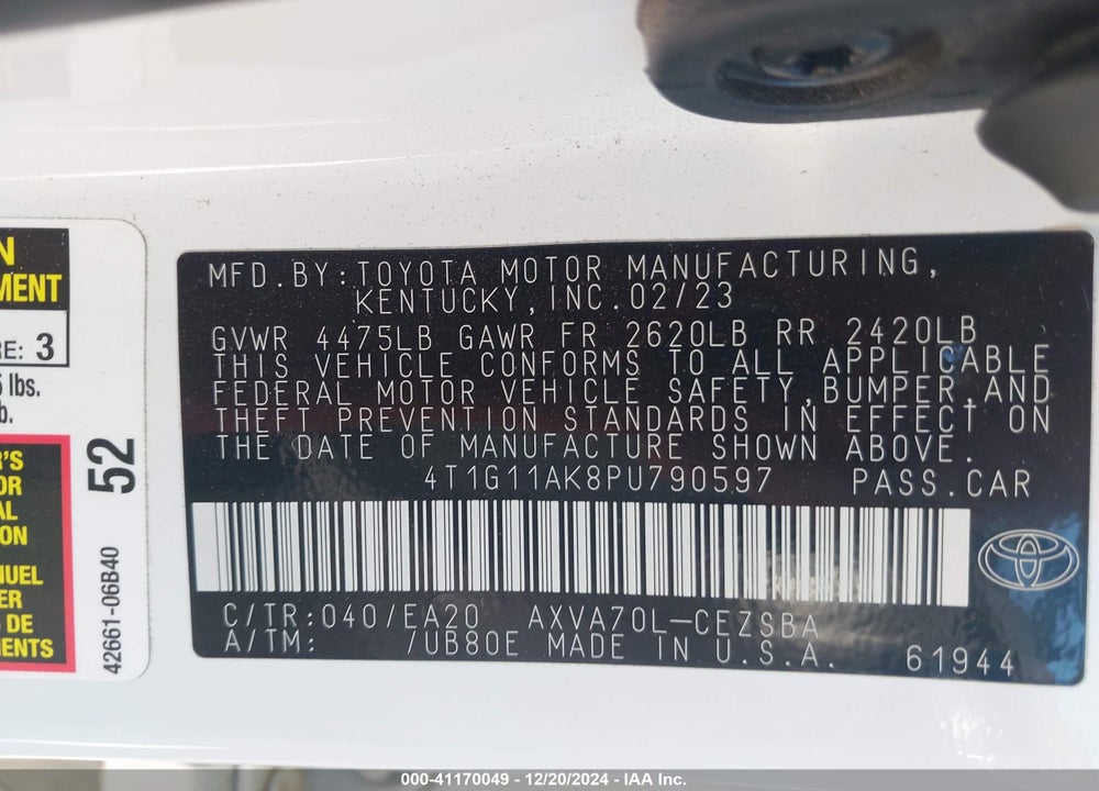 2023 TOYOTA CAMRY SE VIN: 4T1G11AK8PU790597