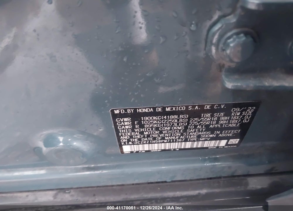 2023 HONDA HR-V VIN: 3CZRZ1H58PM711367
