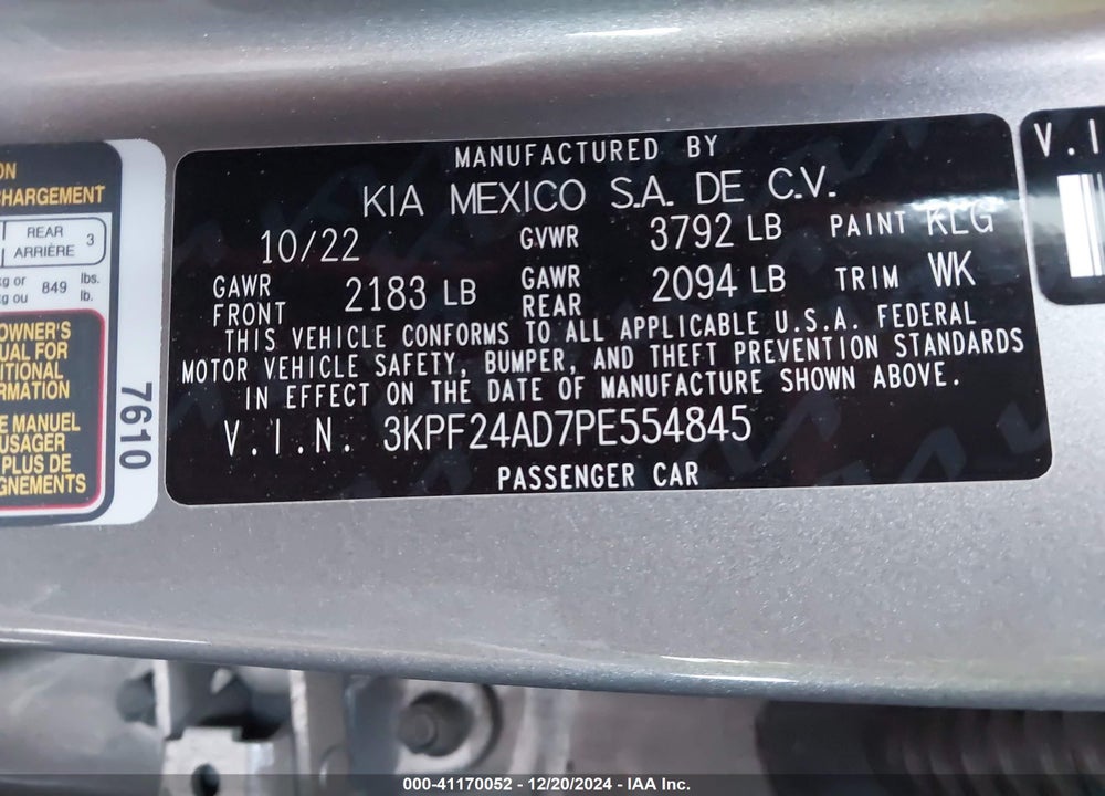 2023 KIA FORTE LXS VIN: 3KPF24AD7PE554845