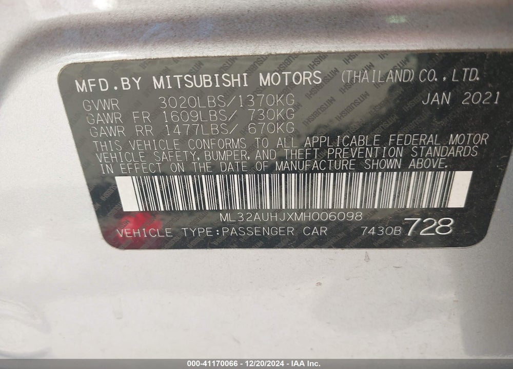 2021 MITSUBISHI MIRAGE CARBONITE EDITION/ES/LE VIN: ML32AUHJXMH006098