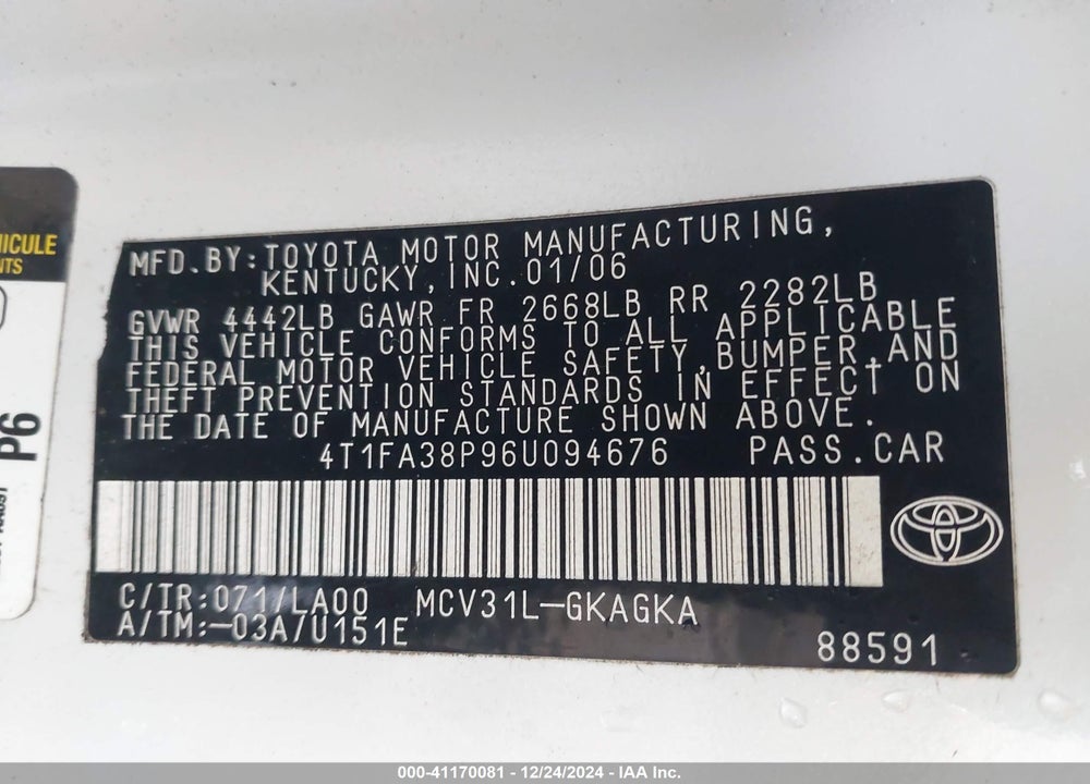 2006 TOYOTA CAMRY SOLARA VIN: 4T1FA38P96U094676