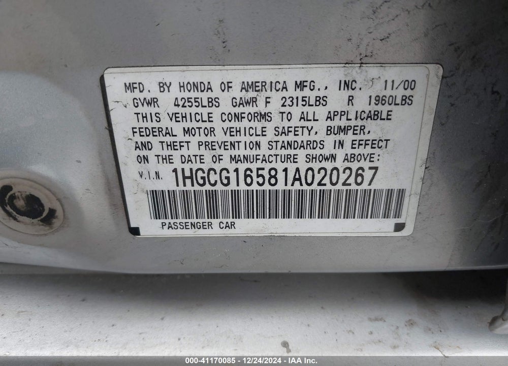 2001 HONDA ACCORD 3.0 EX VIN: 1HGCG16581A020267