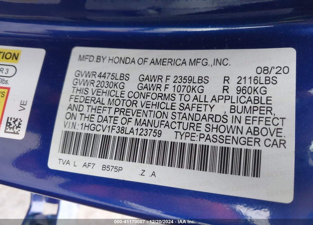 2020 HONDA ACCORD VIN: 1HGCV1F38LA123759