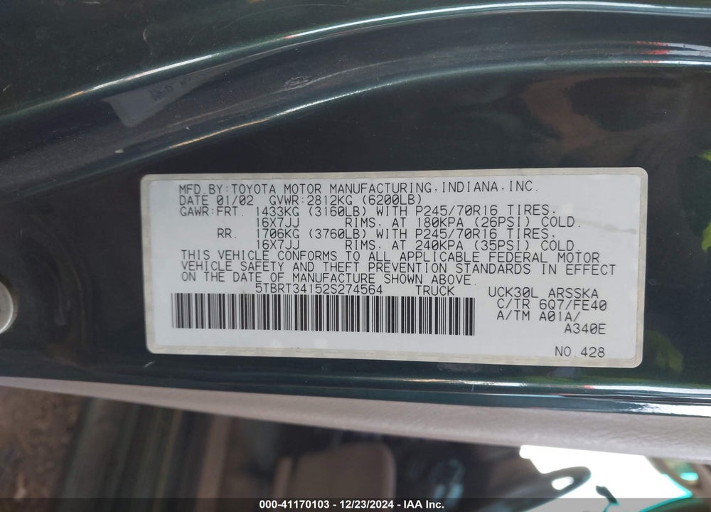 2002 TOYOTA TUNDRA SR5 V8 VIN: 5TBRT34152S274564
