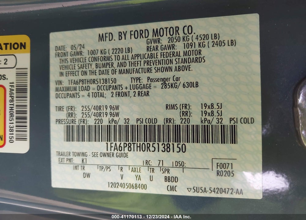 2024 FORD MUSTANG VIN: 1FA6P8TH0R5138150