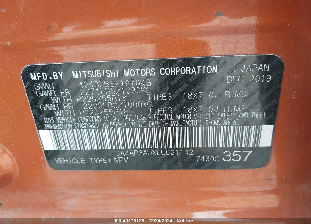2020 MITSUBISHI OUTLANDER SPORT 2.0 BE/2.0 ES/2.0 SP VIN: JA4AP3AUXLU021142
