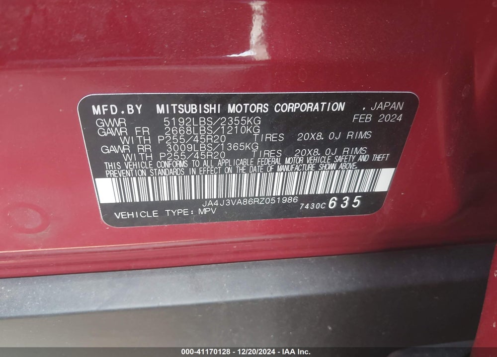 2024 MITSUBISHI OUTLANDER SE 2.5 2WD/SE BLACK EDITION S-AWC/SE BLACK EDITION W/PANO ROOF VIN: JA4J3VA86RZ051986
