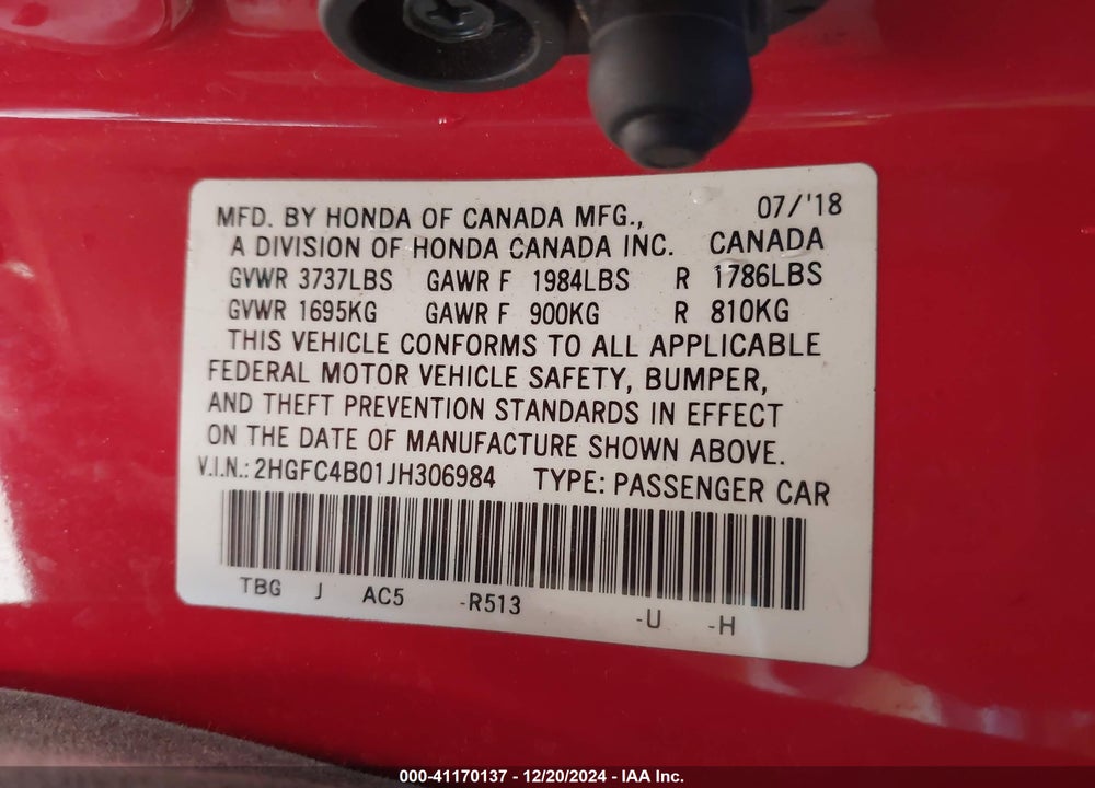 2018 HONDA CIVIC VIN: 2HGFC4B01JH306984