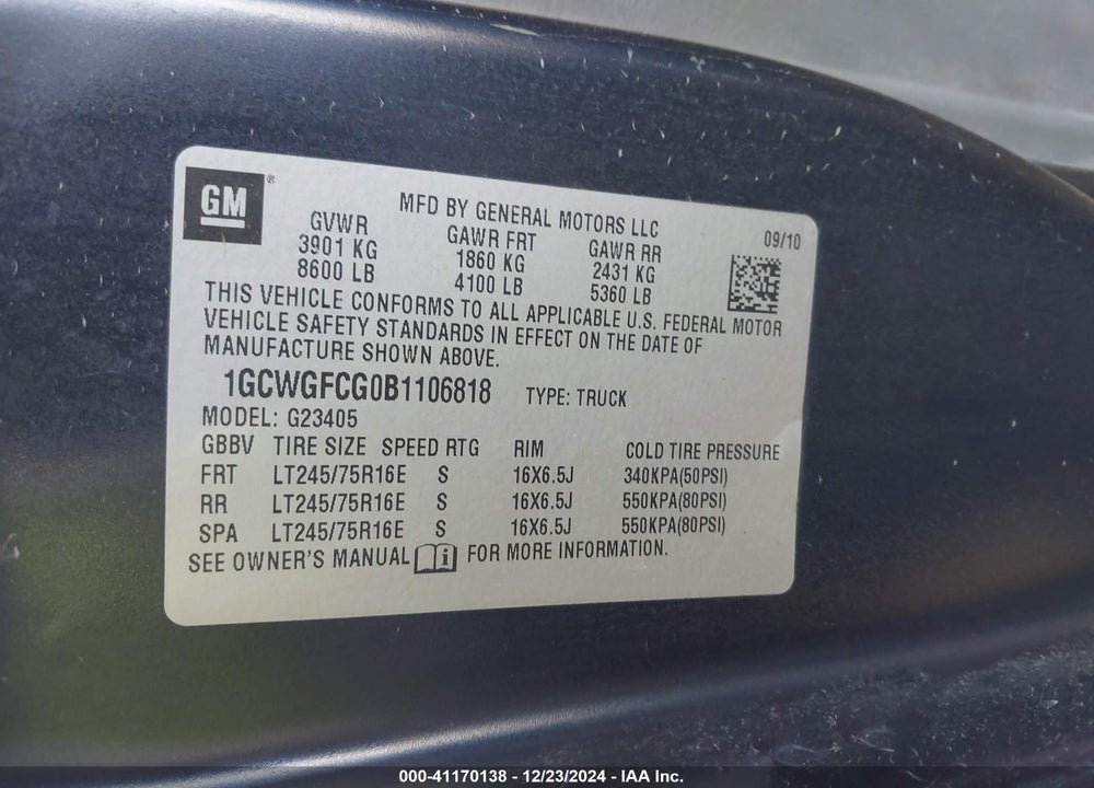 2011 CHEVROLET EXPRESS 2500 WORK VAN VIN: 1GCWGFCG0B1106818