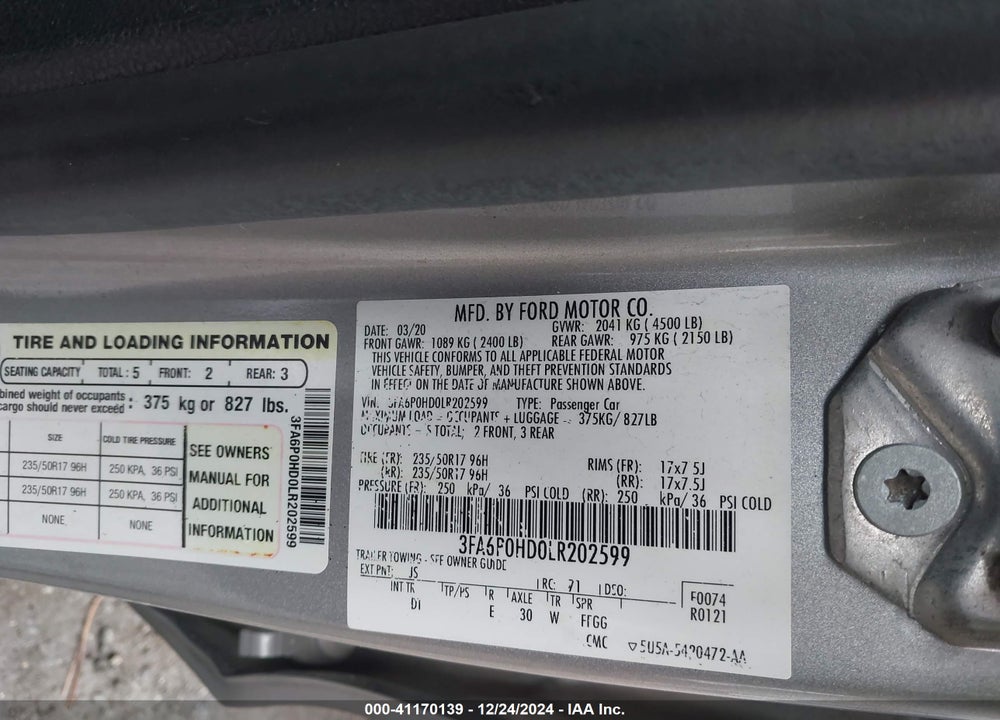 2020 FORD FUSION VIN: 3FA6P0HD0LR202599