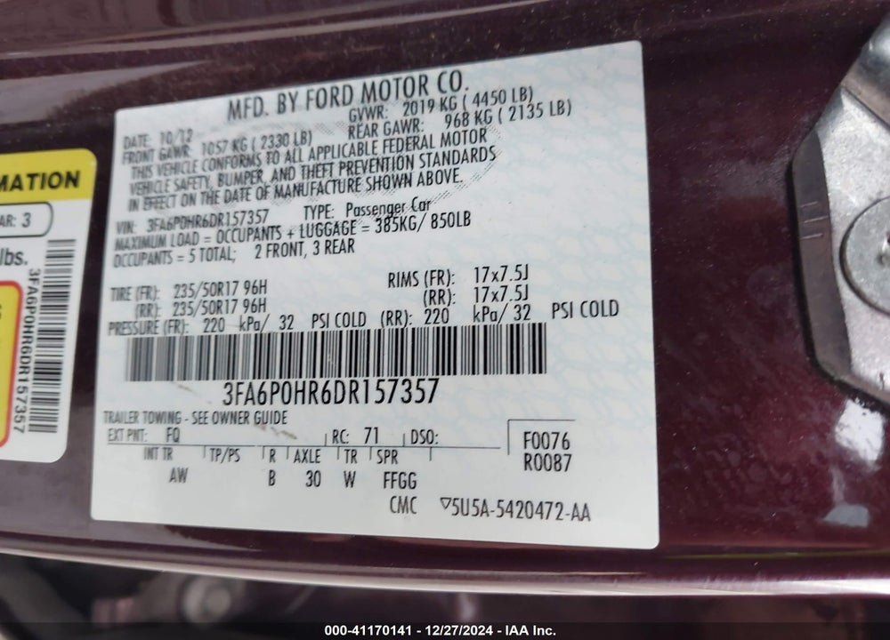 2013 FORD FUSION SE VIN: 3FA6P0HR6DR157357