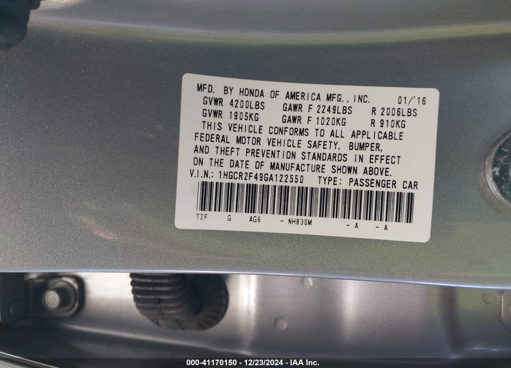 2016 HONDA ACCORD VIN: 1HGCR2F49GA122550
