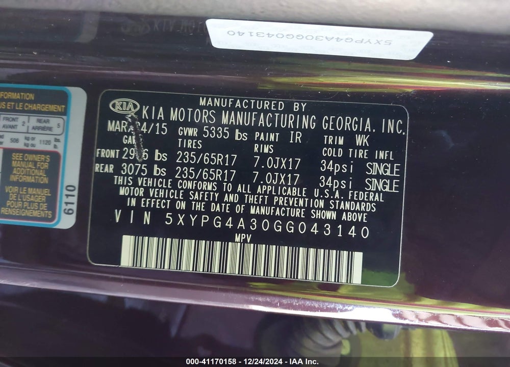 2016 KIA SORENTO 2.4L LX VIN: 5XYPG4A30GG043140