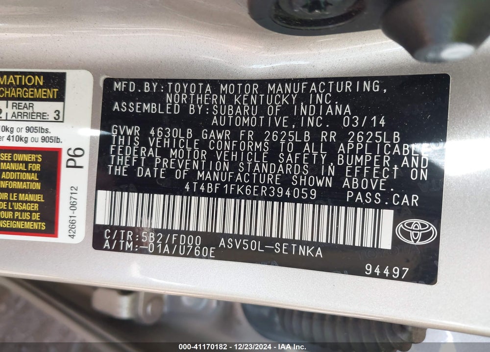 2014 TOYOTA CAMRY VIN: 4T4BF1FK6ER394059