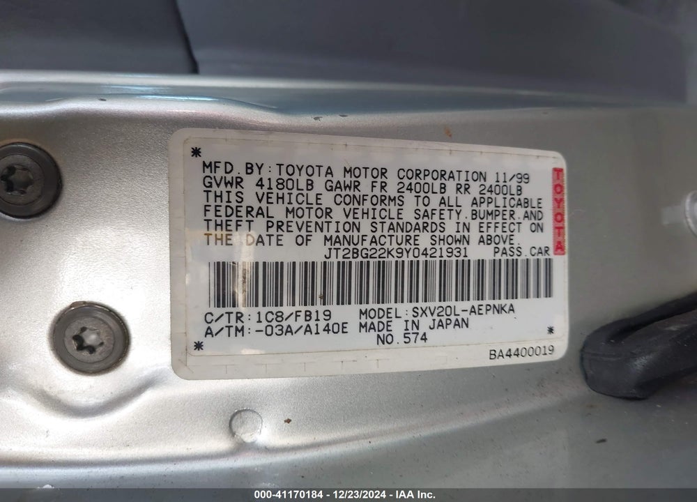 2000 TOYOTA CAMRY LE VIN: JT2BG22K9Y0421931
