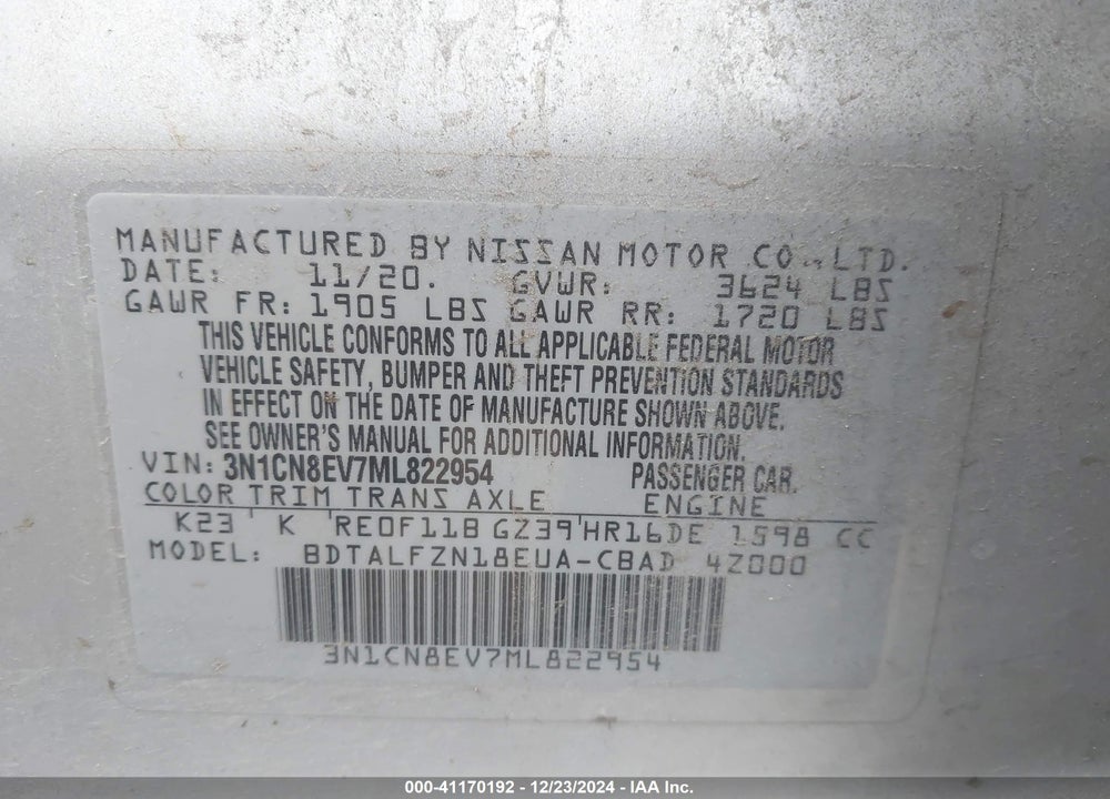 2021 NISSAN VERSA SV XTRONIC CVT VIN: 3N1CN8EV7ML822954