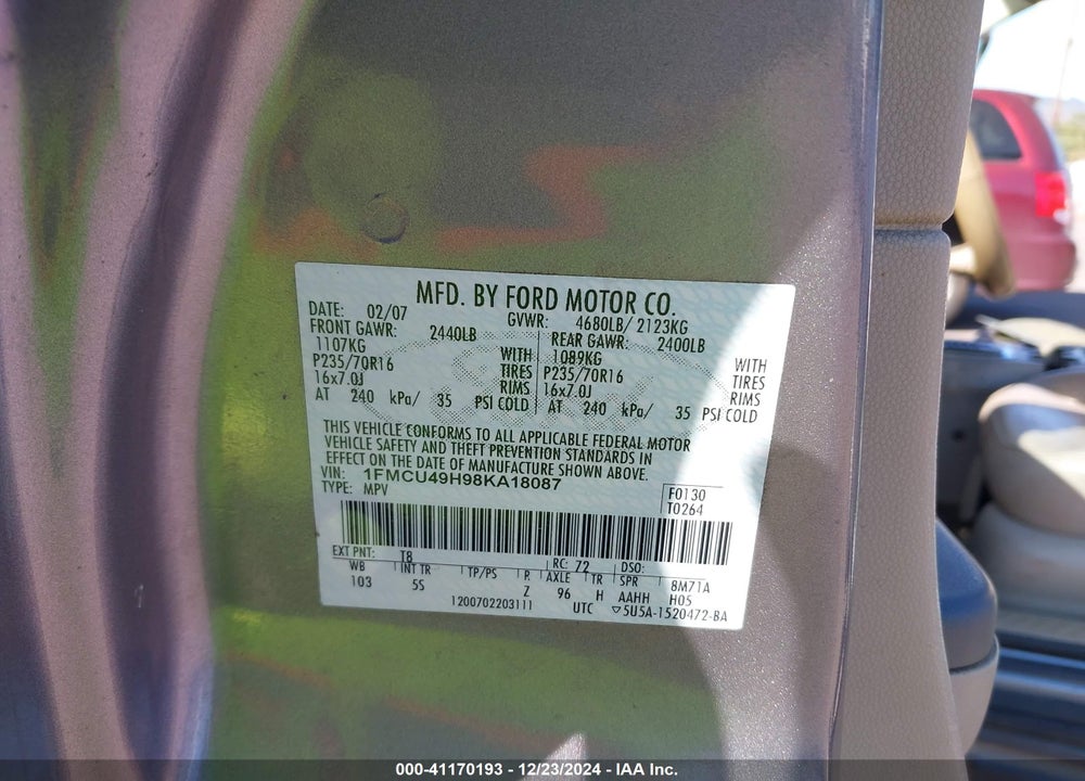 2008 FORD ESCAPE HYBRID VIN: 1FMCU49H98KA18087
