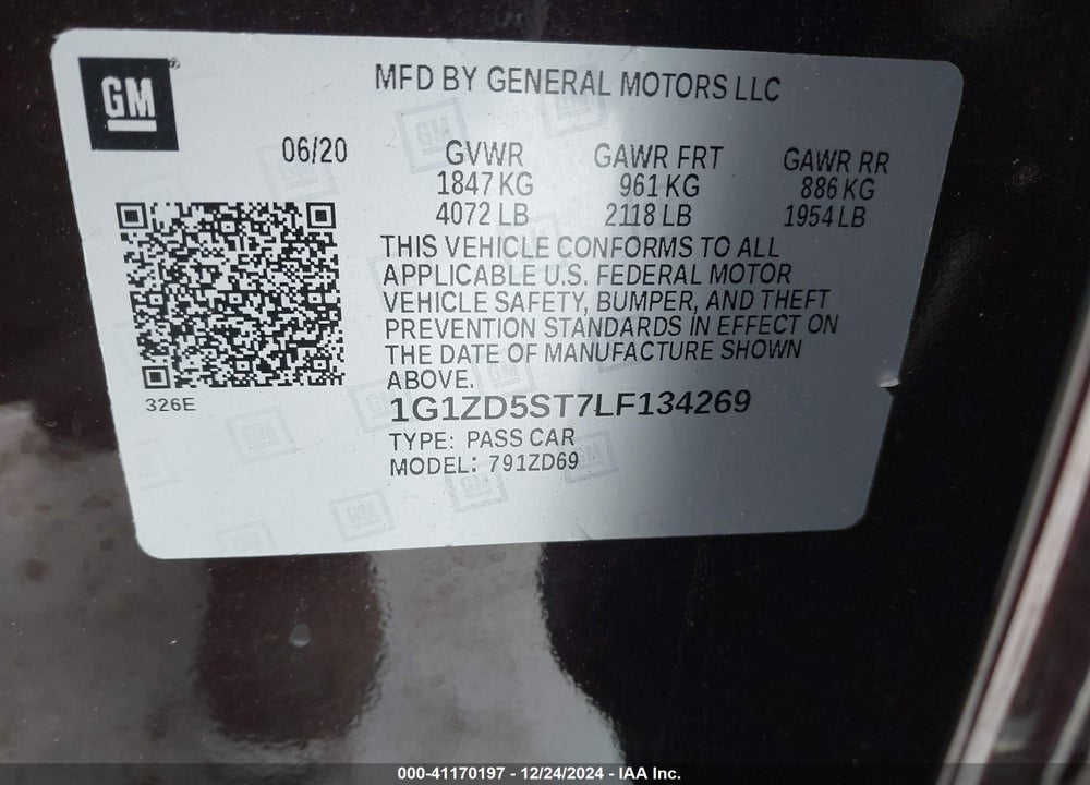 2020 CHEVROLET MALIBU FWD LT VIN: 1G1ZD5ST7LF134269