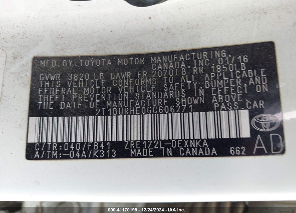 2016 TOYOTA COROLLA VIN: 2T1BURHE0GC606271