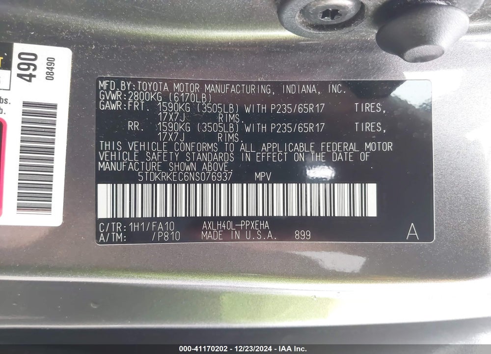 2022 TOYOTA SIENNA LE VIN: 5TDKRKEC6NS076937