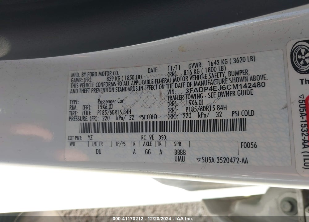 2012 FORD FIESTA SE VIN: 3FADP4EJ6CM142480