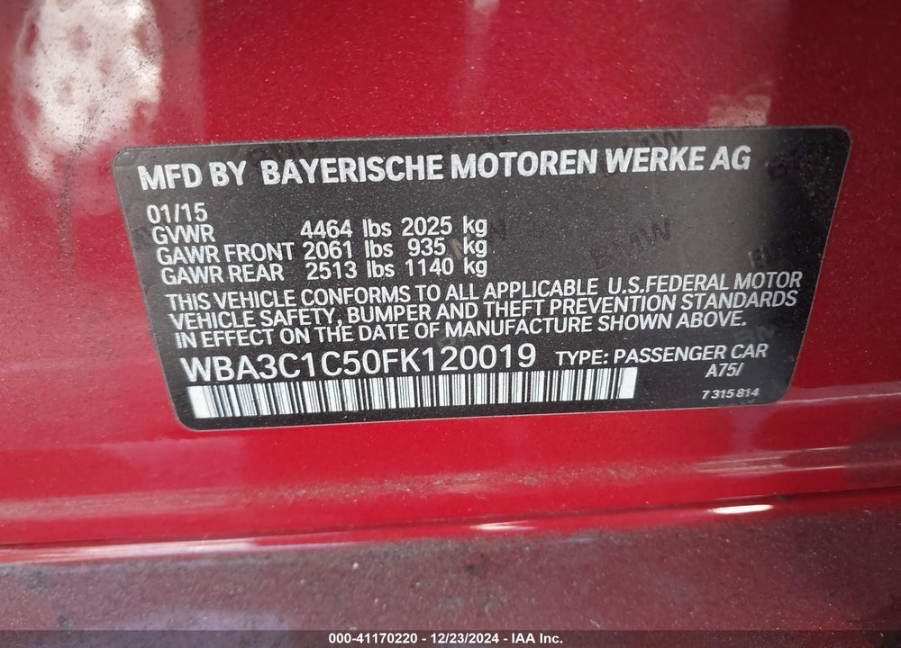 2015 BMW 328I VIN: WBA3C1C50FK120019