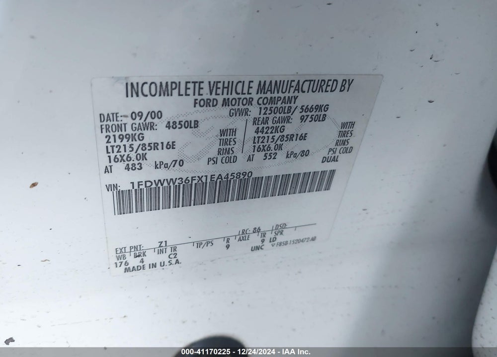 2001 FORD F-350 LARIAT/XL/XLT VIN: 1FDWW36FX1EA45890