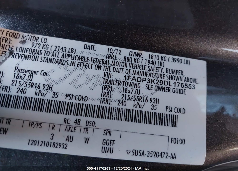 2013 FORD FOCUS SE VIN: 1FADP3K29DL176553
