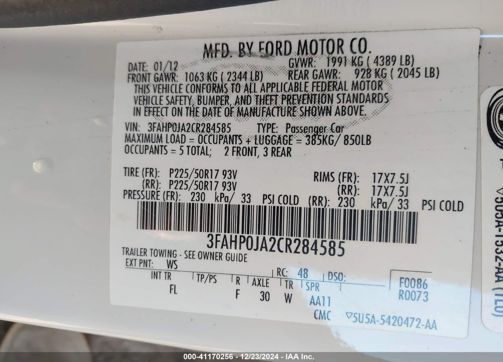 2012 FORD FUSION VIN: 3FAHP0JA2CR284585