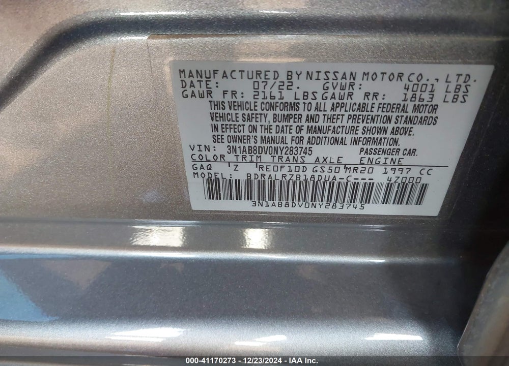 2022 NISSAN SENTRA VIN: 3N1AB8DV0NY283745