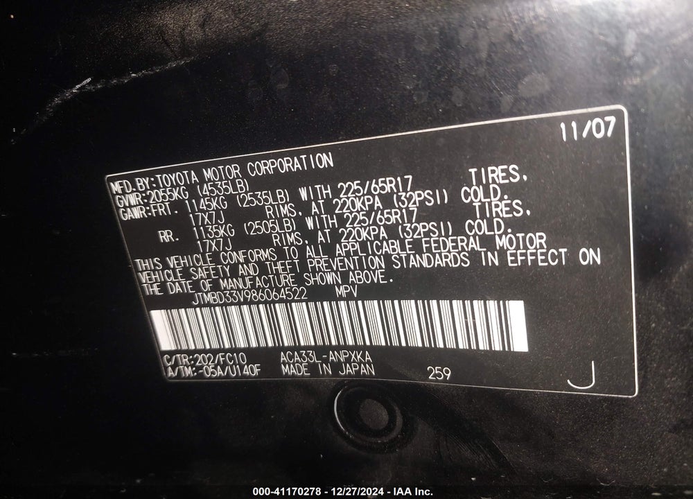 2008 TOYOTA RAV4 VIN: JTMBD33V986064522