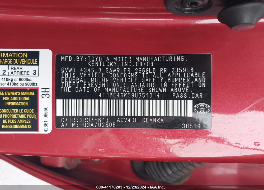 2009 TOYOTA CAMRY LE VIN: 4T1BE46K59U351014