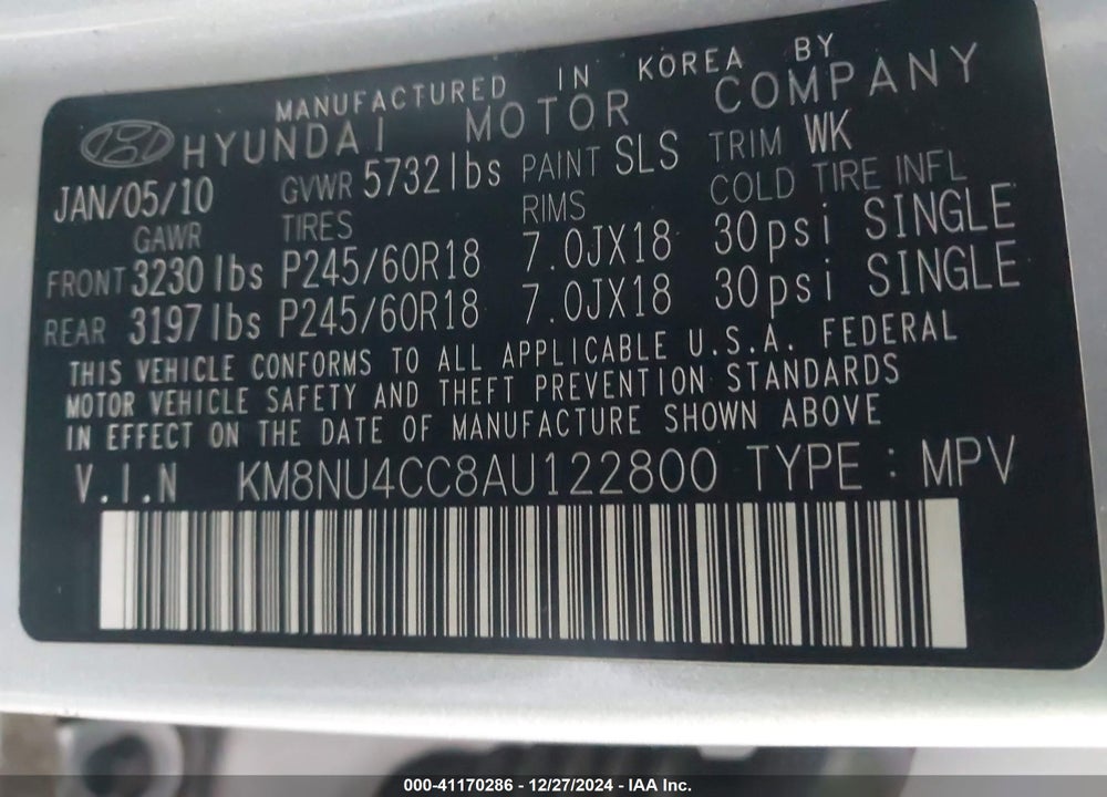 2010 HYUNDAI VERACRUZ LIMITED VIN: KM8NU4CC8AU122800