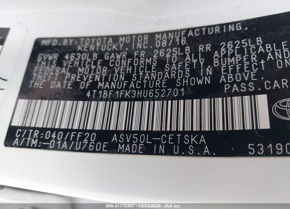 2017 TOYOTA CAMRY VIN: 4T1BF1FK3HU652701