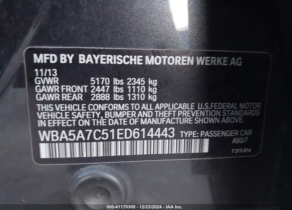 2014 BMW 528I XDRIVE VIN: WBA5A7C51ED614443