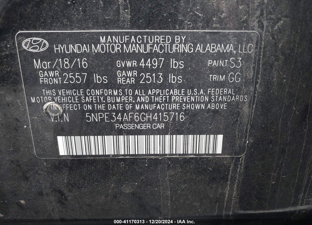 2016 HYUNDAI SONATA LIMITED VIN: 5NPE34AF6GH415716
