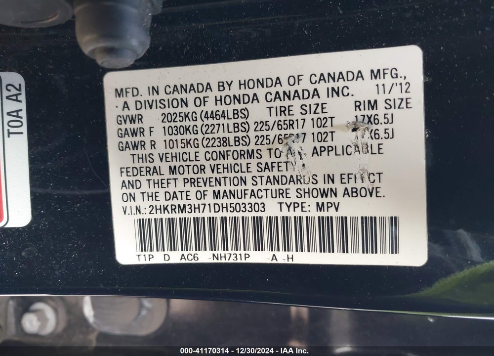 2013 HONDA CR-V EX-L VIN: 2HKRM3H71DH503303