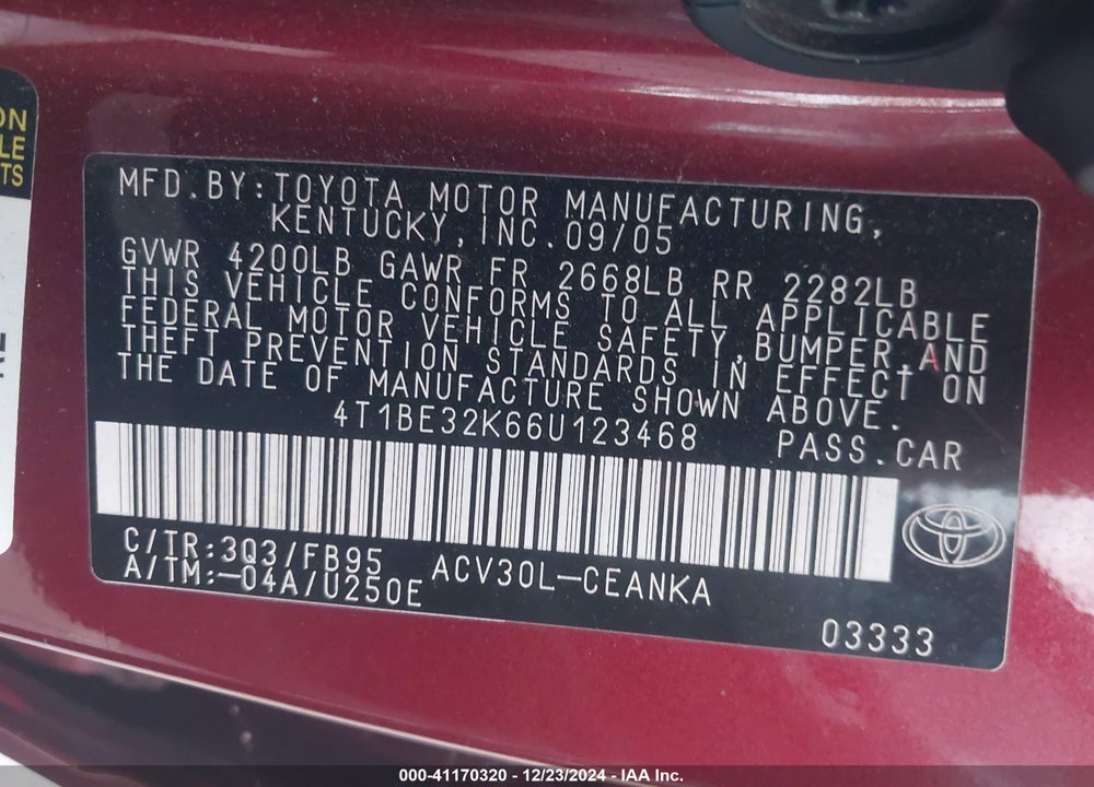 2006 TOYOTA CAMRY LE VIN: 4T1BE32K66U123468