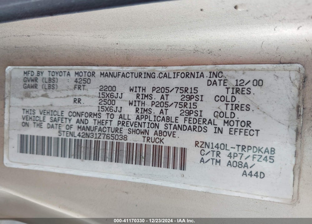 2001 TOYOTA TACOMA VIN: 5TENL42N31Z765038