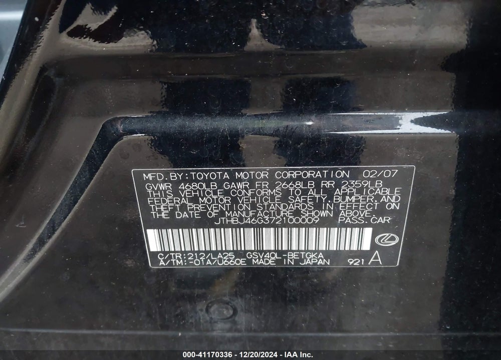 2007 LEXUS ES 350 VIN: JTHBJ46G372100009
